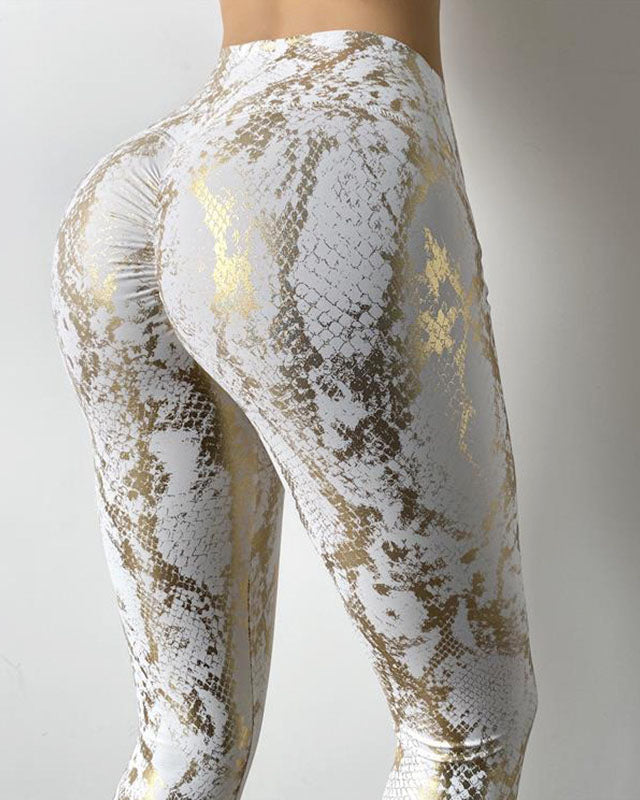 High waist butt lift high elastic snakeskin pattern peach hip fitness pants