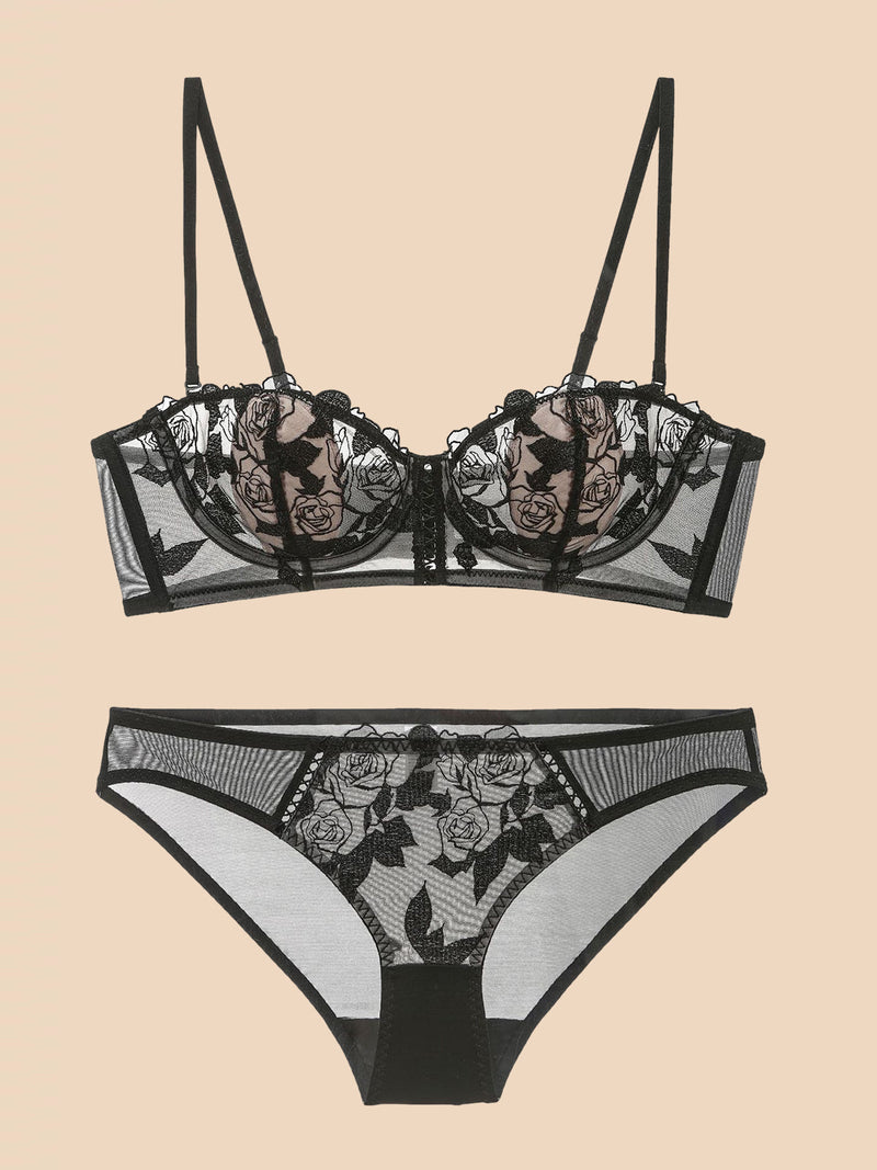 Rose Embroidered Bra Underwear Set