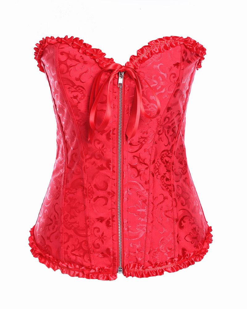 Long Red Brocade Pattern Corset With Hip Gores