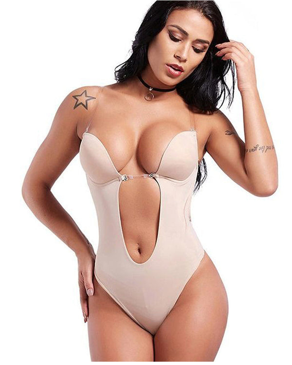 Bodysuit Shapewear Deep V-Neck Body Shaper Backless U Plunge Thong Shapers Waist Trainer Women Clear Strap Padded Push Up Corset