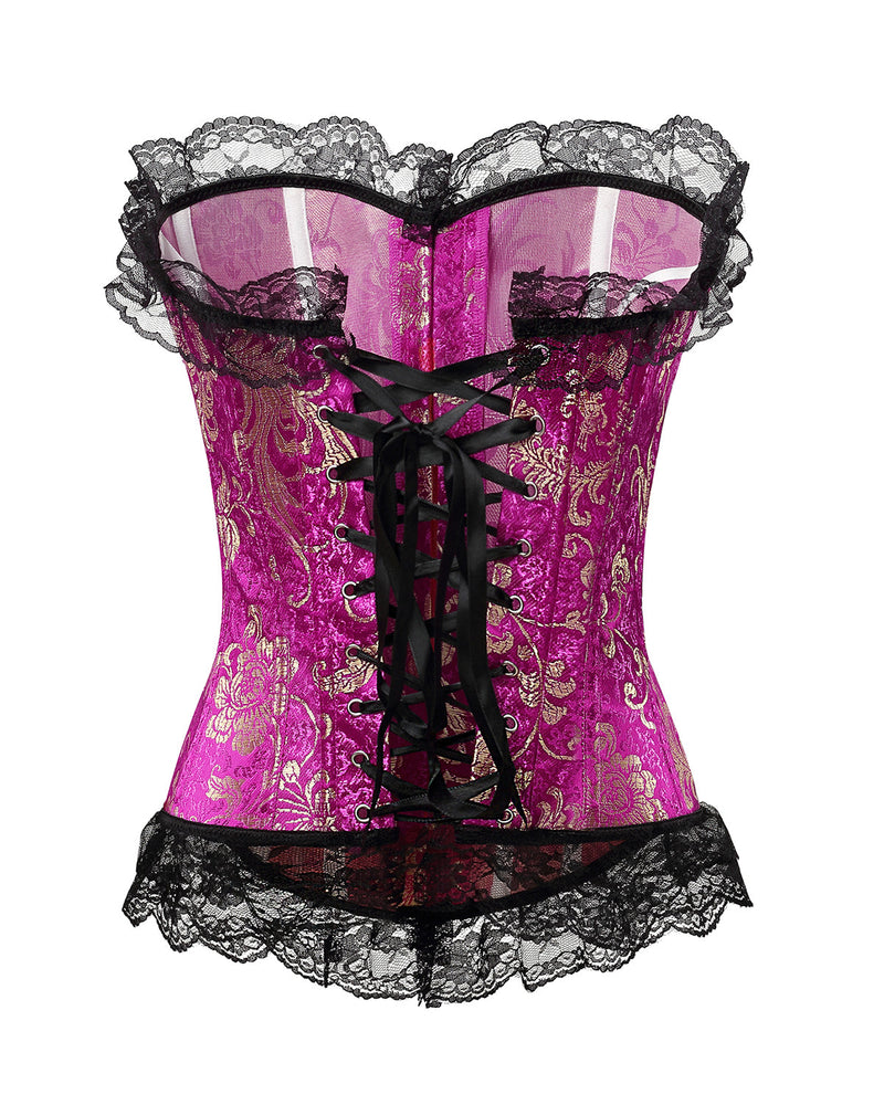 Women's Lacing Corset Top Satin Floral Boned Overbust Body Shaper Bustier