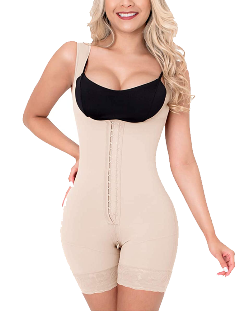 Women's BodyShaper Lace Butt Lifter HOOK AND EYE CLOSURE OPEN BUST Tummy Control Adjustable Wide Shoulder Strap Shapewear