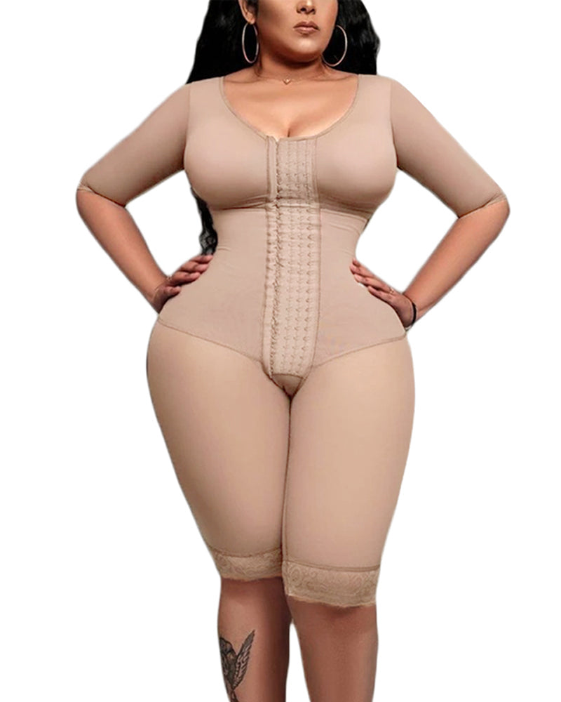 Full Body Support Arm Compression With Built In Bra Half Sleeve Mid Leg Bodysuit