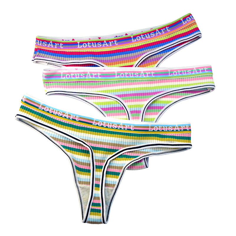 Female Letter Print Rainbow Stripe T-back Panties