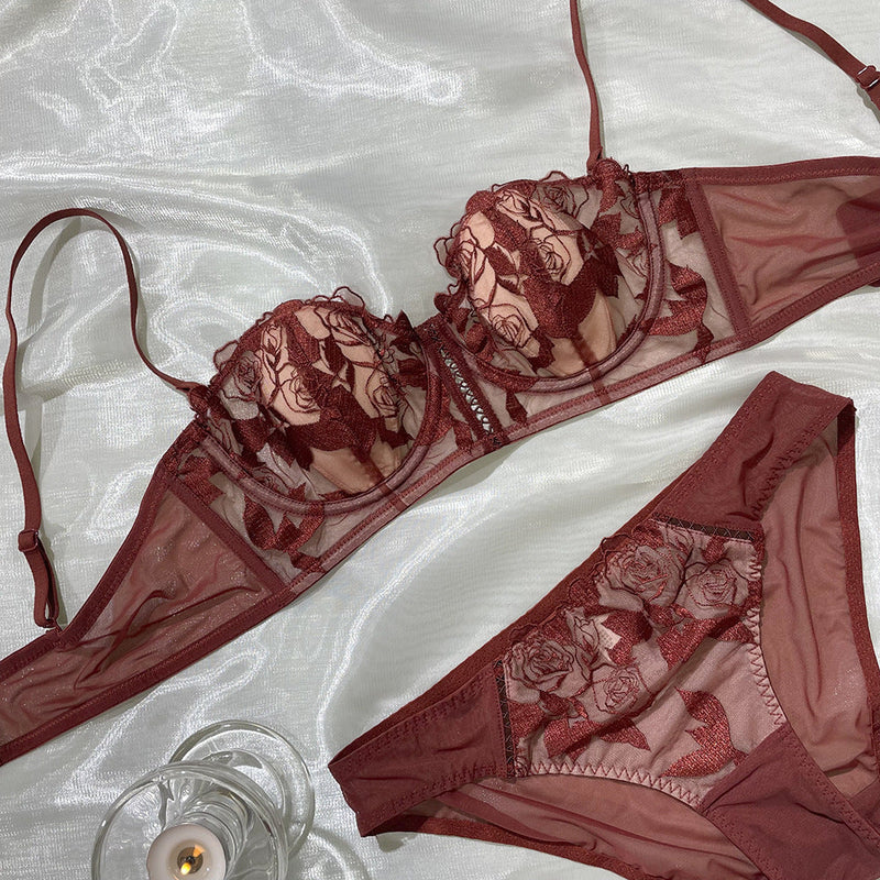 Rose Embroidered Bra Underwear Set