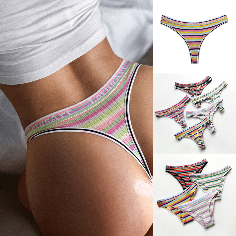 Female Letter Print Rainbow Stripe T-back Panties